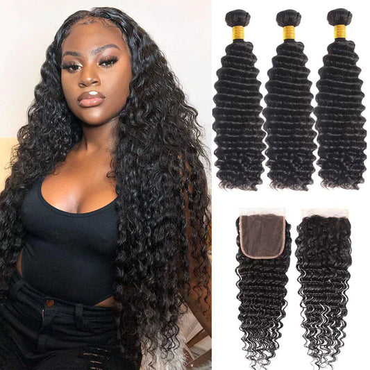 KPZ Hair Deep Wave Hair 3 Bundles with 4x4 Lace Closure 100% Human Hair Extension Weaves