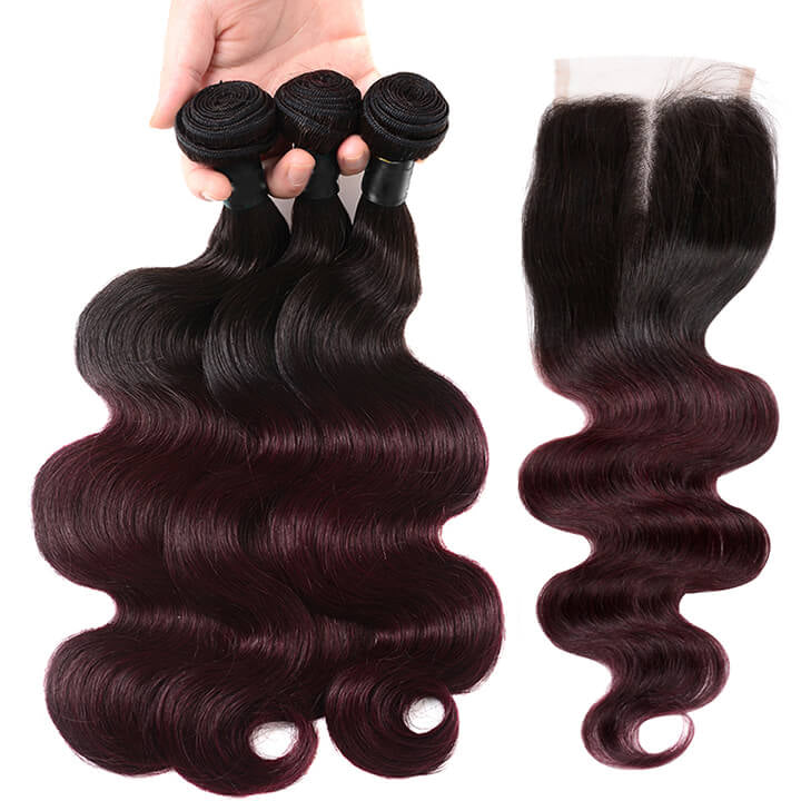 KPZHair Brazilian Body Wave 3 Bundles With 4x4 Lace Closure Ombre Burgundy 100% Real Human Hair Extensions