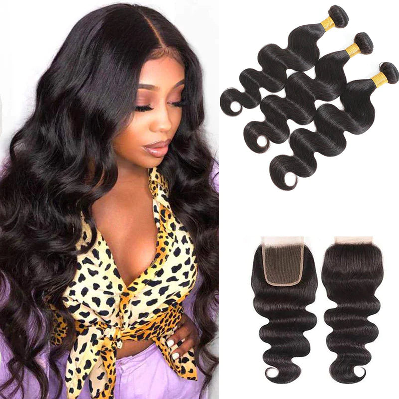 KPZ Hair Body Wave Hair 3 Bundles With 4x4 Lace Closure Unprocessed Human Virgin Hair