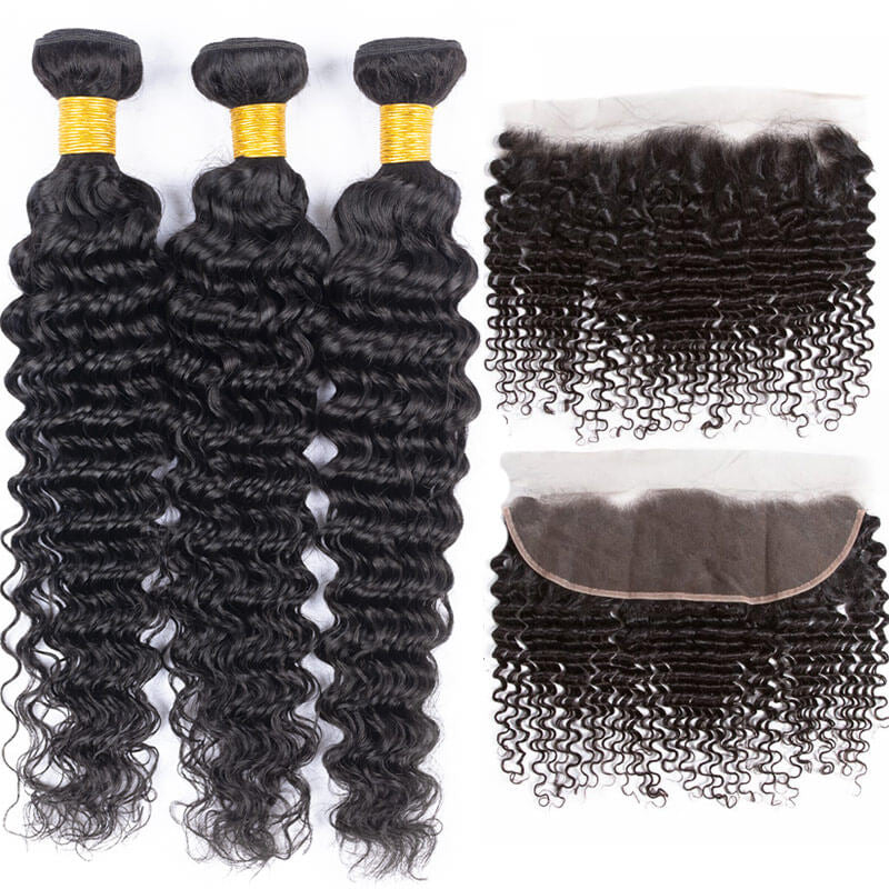 KPZ Hair Deep Wave 3 Bundles With 13x4 Lace Frontal Virgin Humam Hair