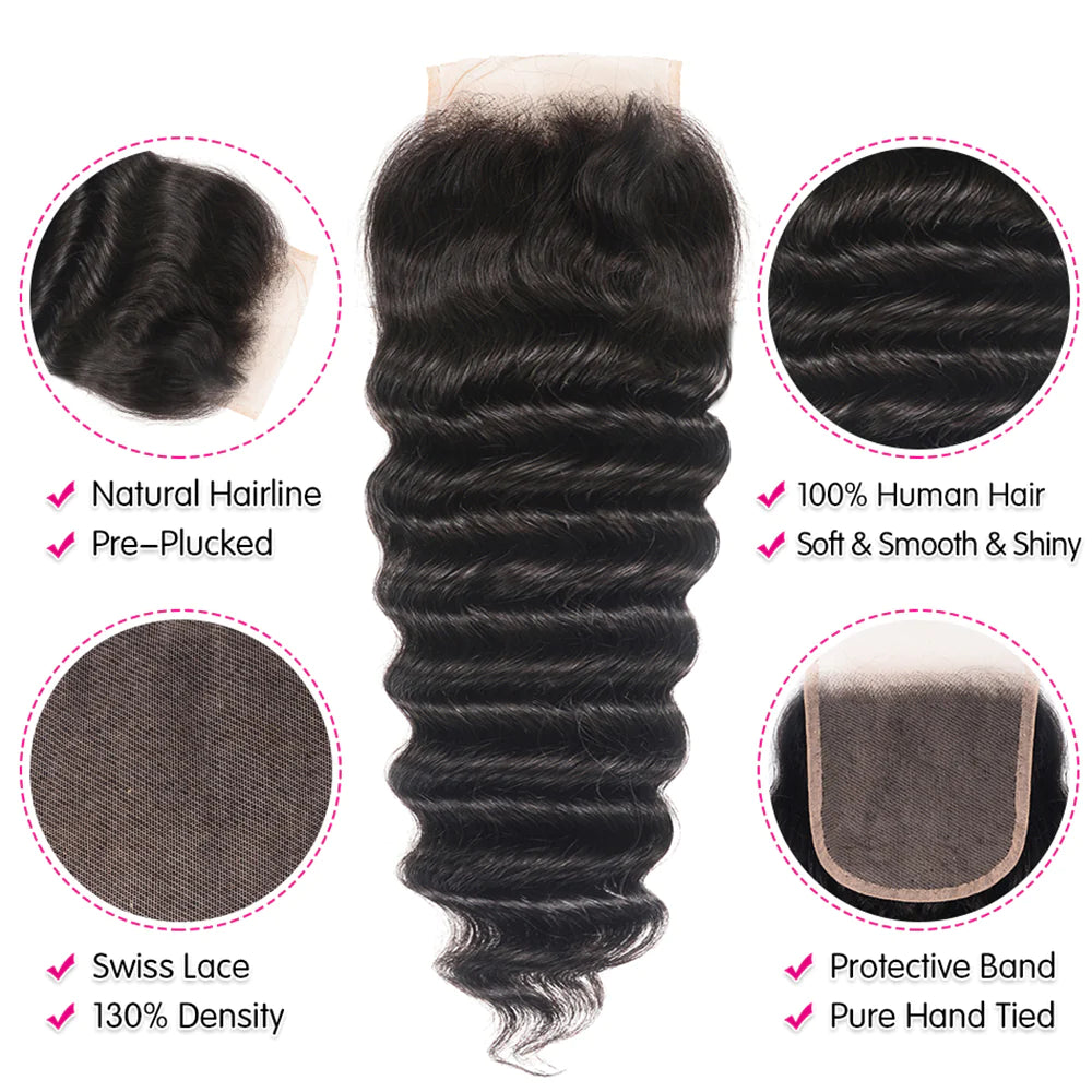 KPZ Hair Loose Deep Wave 3 Bundles With 4x4 Lace Closure 100% Virgin Human Hair