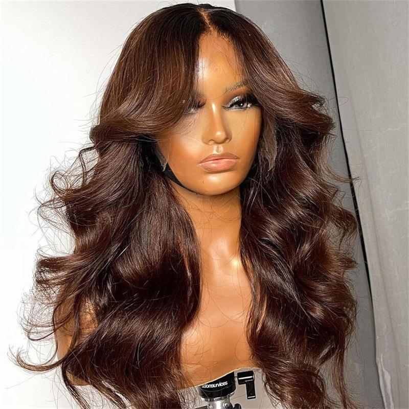 Chestnut Brown Body Wave Glueless 5x5 HD Lace Closure Wig Easy to Wear Lace Human Hair Bob Wigs With Curtain Bangs