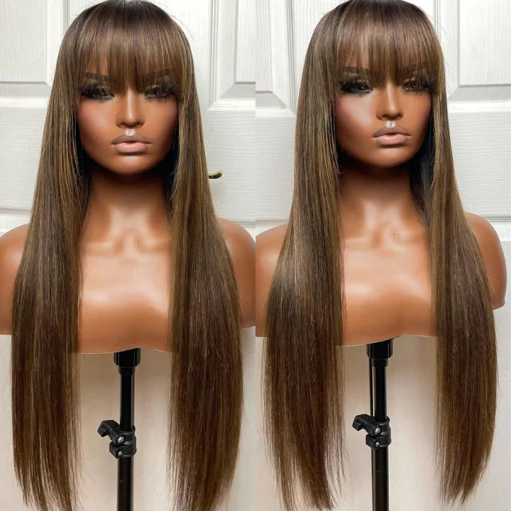 Put On&Go Light Brown With Blonde Straight Glueless 5x5 HD Lace Wig With bangs Highlight Colored Easy to Wear Human Hair Wigs