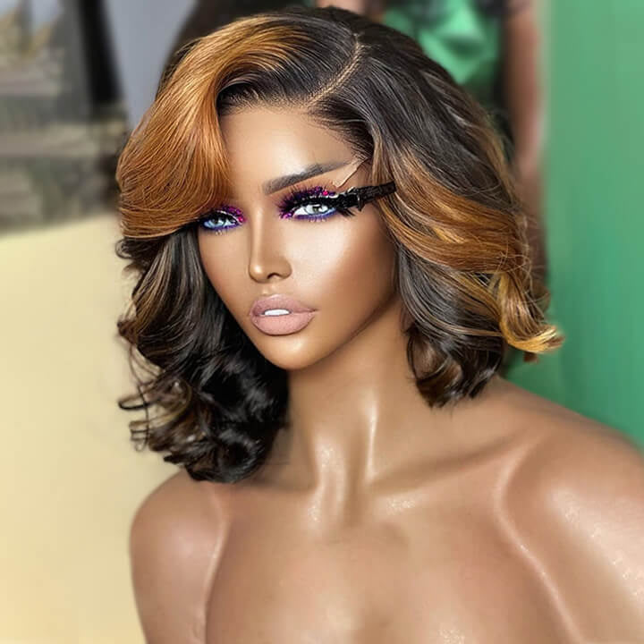 No Code Need: Brown Highlight Body Wave Transparent Lace Human Hair Bob Wigs