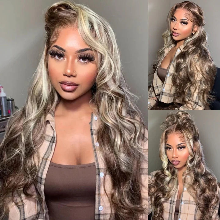 Ash Blonde Balayage Straight/Body Wave Lace Front Wig Tea Brown Colored Human Hair Wigs With Highlights