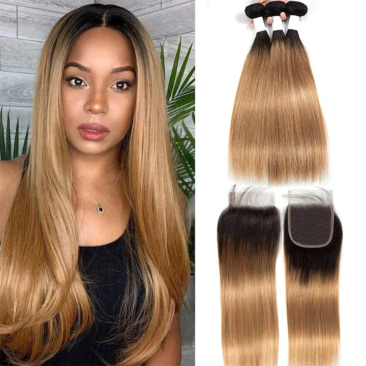 KPZHair Ombre Blonde Straight/Body Wave 3 Bundles With 4x4 Lace Closure Unprocessed 100% Real Human Hair Extensions