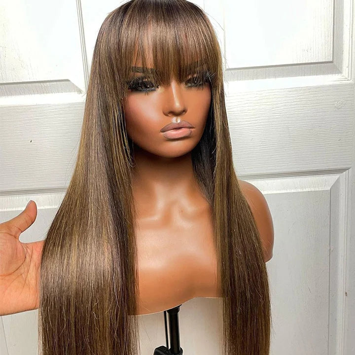 Put On&Go Light Brown With Blonde Straight Glueless 5x5 HD Lace Wig With bangs Highlight Colored Easy to Wear Human Hair Wigs