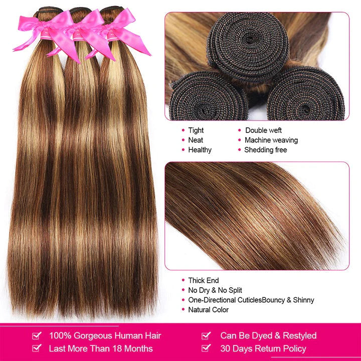 KPZ Hair Highlight Brown Straight 3 Bundles With 4x4 Lace Closure Ombre Blonde 100% Real Human Hair Extensions