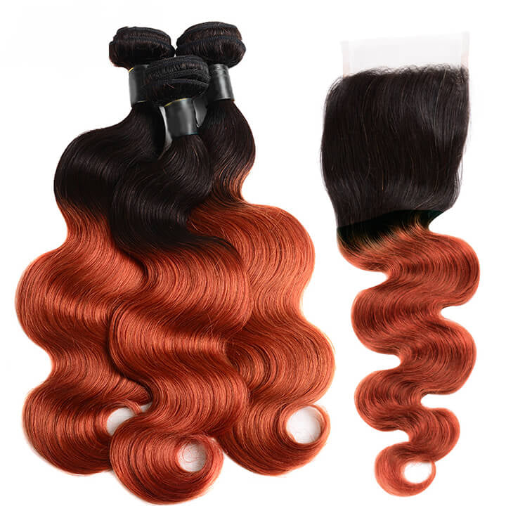 KPZ Hair Ombre Ginger Body Wave 3 Bundles With 4x4 Lace Closure Ombre Orange 100% Real Human Hair Extensions