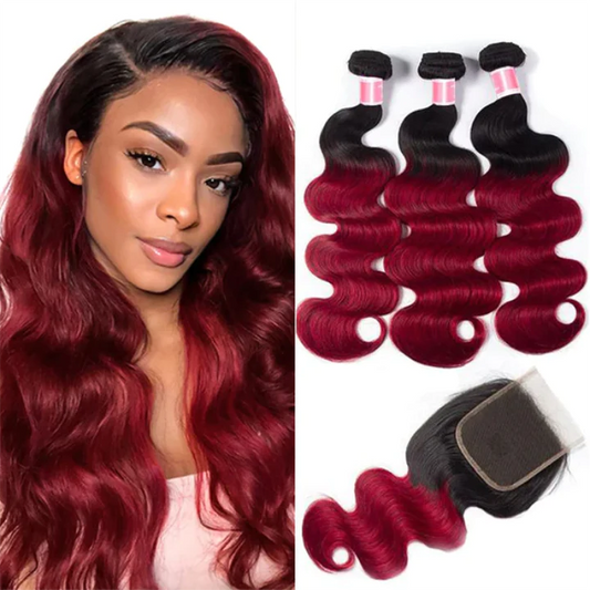 KPZ Hair Ombre Burgundy Body Wave Human Hair 3 Bundles With 4x4 Lace Closure 1B99J 100% Human Hair Extension Weaves