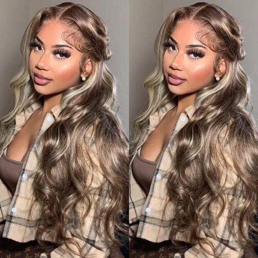 Ash Blonde Balayage Straight/Body Wave Lace Front Wig Tea Brown Colored Human Hair Wigs With Highlights