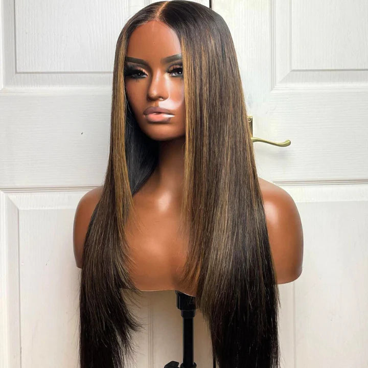 Put On&Go Light Brown With Blonde Straight Glueless 5x5 HD Lace Wig With bangs Highlight Colored Easy to Wear Human Hair Wigs