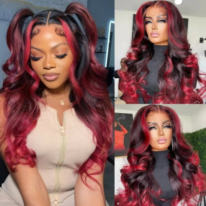 Body Wave 13x4 HD Lace Highlight Wig Ombre Dark Burgundy Human Hair Frontal Wigs With Rose Red Highlights Pre Plucked Hairline