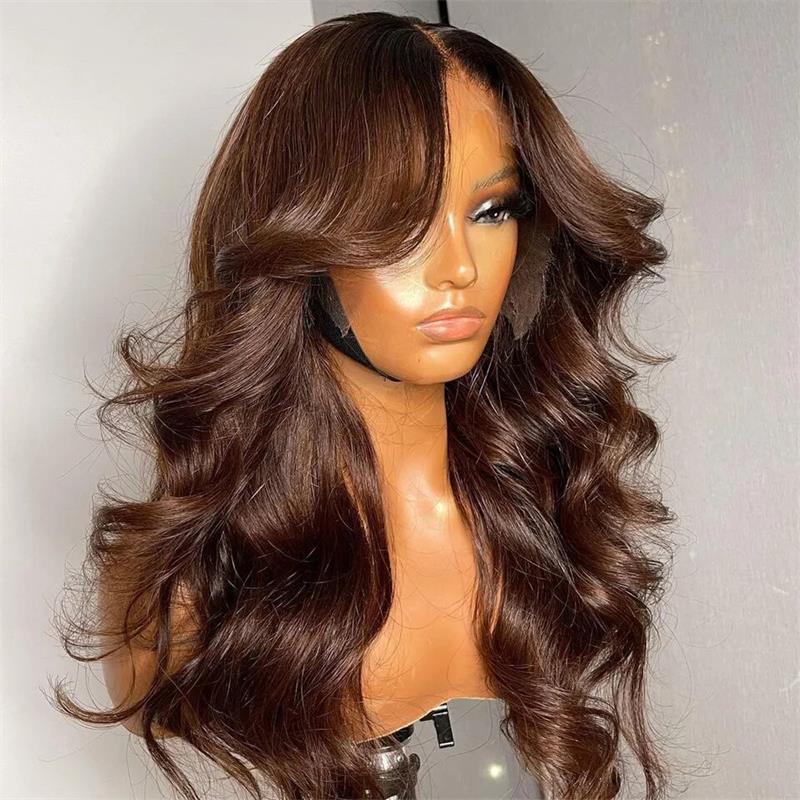 Chestnut Brown Body Wave Glueless 5x5 HD Lace Closure Wig Easy to Wear Lace Human Hair Bob Wigs With Curtain Bangs