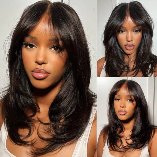 Long Natural Wavy Curtain Bangs Glueless 5x5 HD Lace Closure Wig Easy to Wear Lace Human Hair Bob Wigs