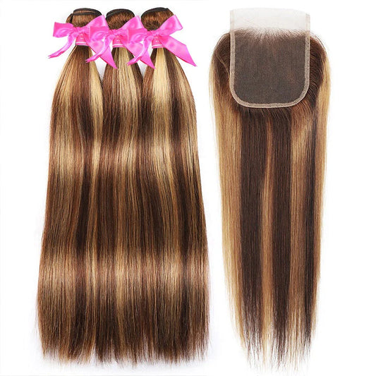 KPZ Hair Highlight Brown Straight 3 Bundles With 4x4 Lace Closure Ombre Blonde 100% Real Human Hair Extensions