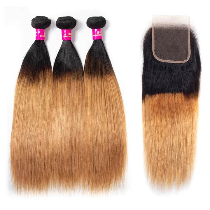 KPZHair Ombre Blonde Straight/Body Wave 3 Bundles With 4x4 Lace Closure Unprocessed 100% Real Human Hair Extensions