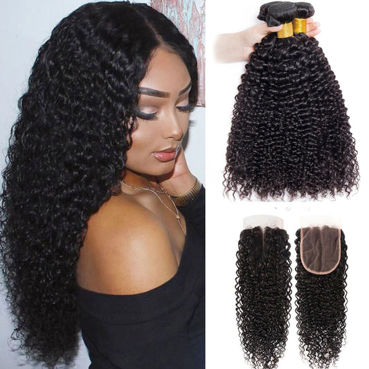 KPZ Hair Kinky Curly Hair 3 Bundles with 4x4 Lace Closure 100% Remi Human Hair Soft Shiny Wave Hair