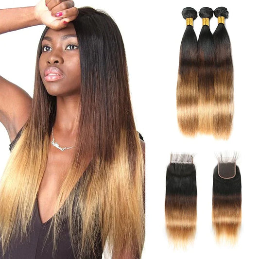 KPZ Hair Straight Blonde Human Hair 3 Bundles With 4x4 Lace Closure 3Tone (T1b427) 100% Human Hair Extension Weaves