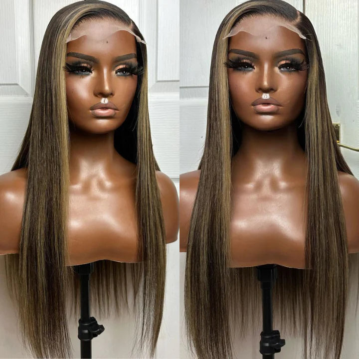 Put On&Go Light Brown With Blonde Straight Glueless 5x5 HD Lace Wig With bangs Highlight Colored Easy to Wear Human Hair Wigs