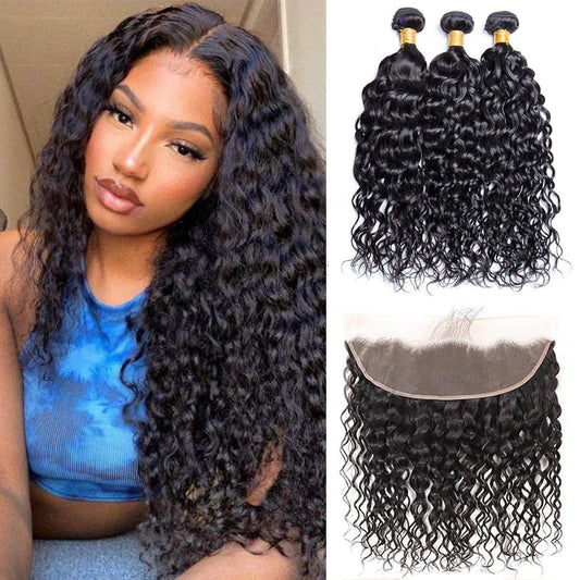 KPZ Hair Water Wave Hair 3 Bundles With 13x4 Lace Frontal 100% Virgin Human Hair Extensions