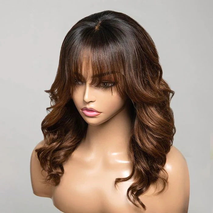 Curtain Bangs Glueless Wigs Layered Cut Wavy Brown Ombre Colored Wig 180% Density Bleached Knots Natural Hairline