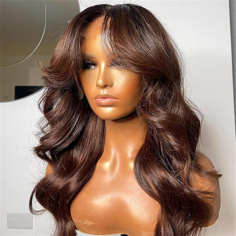 Chestnut Brown Body Wave Glueless 5x5 HD Lace Closure Wig Easy to Wear Lace Human Hair Bob Wigs With Curtain Bangs