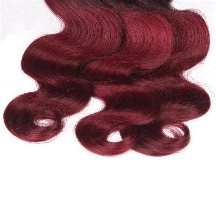 KPZ Hair Ombre Burgundy Body Wave Human Hair 3 Bundles With 4x4 Lace Closure 1B99J 100% Human Hair Extension Weaves