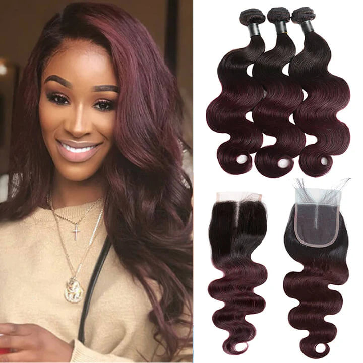 KPZHair Brazilian Body Wave 3 Bundles With 4x4 Lace Closure Ombre Burgundy 100% Real Human Hair Extensions