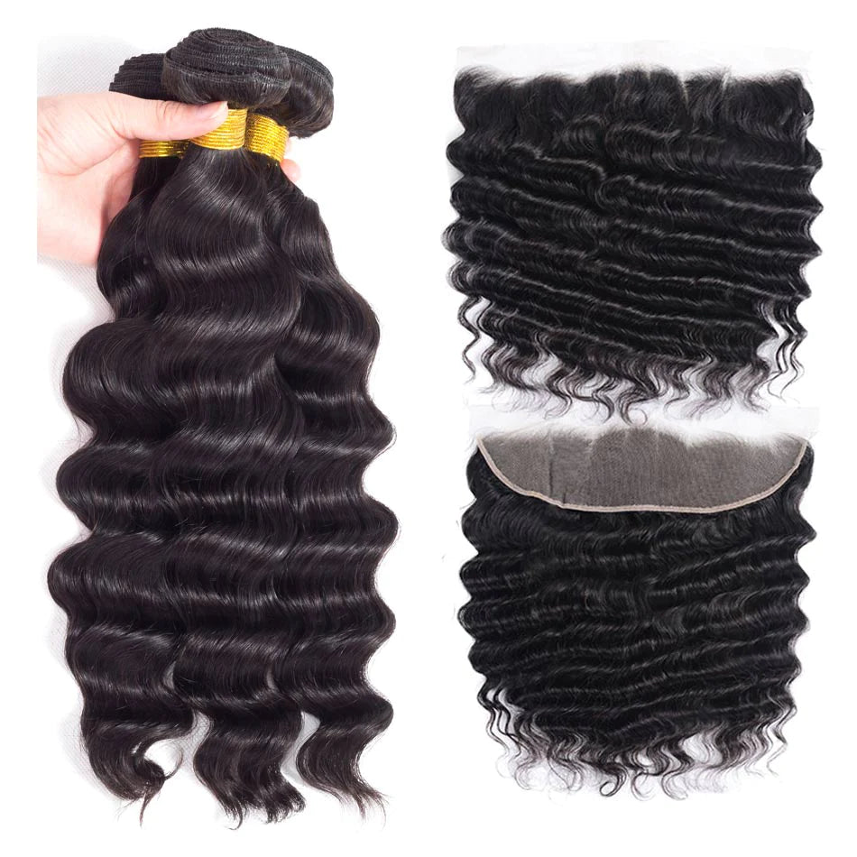 KPZ Hair Loose Deep Wave 13x4 Lace Frontal With 3 Bundles 100% Human Hair