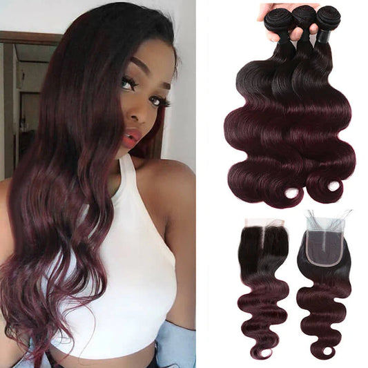 KPZHair Brazilian Body Wave 3 Bundles With 4x4 Lace Closure Ombre Burgundy 100% Real Human Hair Extensions