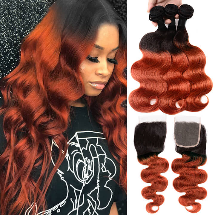 KPZ Hair Ombre Ginger Body Wave 3 Bundles With 4x4 Lace Closure Ombre Orange 100% Real Human Hair Extensions