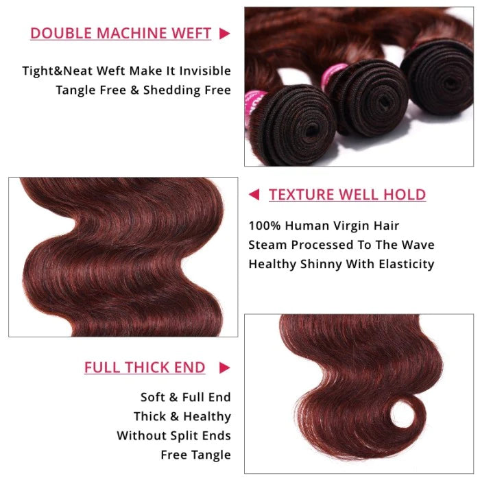 KPZ Hair Reddish Brown Body Wave 3 Bundles With 4x4 Lace Closure 100% Real Human Hair Extensions