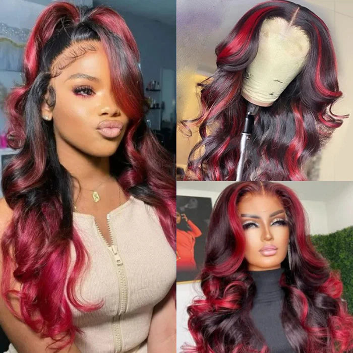 Body Wave 13x4 HD Lace Highlight Wig Ombre Dark Burgundy Human Hair Frontal Wigs With Rose Red Highlights Pre Plucked Hairline