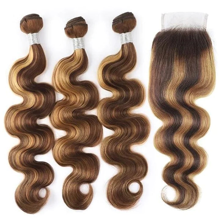 KPZ Hair Highlight P427 Straight/Body Wave Human Hair 3 Bundles With 4x4 Lace Closure 100% Human Hair Extension Weaves