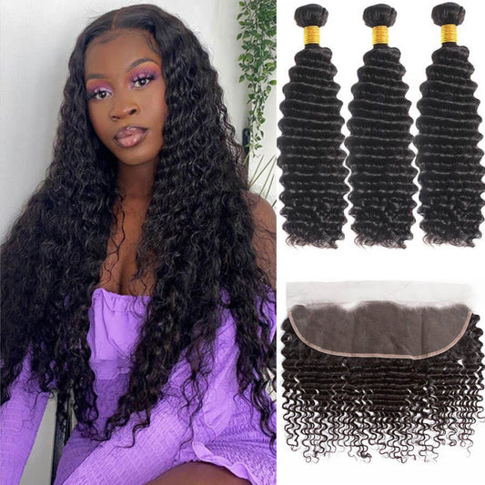 KPZ Hair Deep Wave 3 Bundles With 13x4 Lace Frontal Virgin Humam Hair