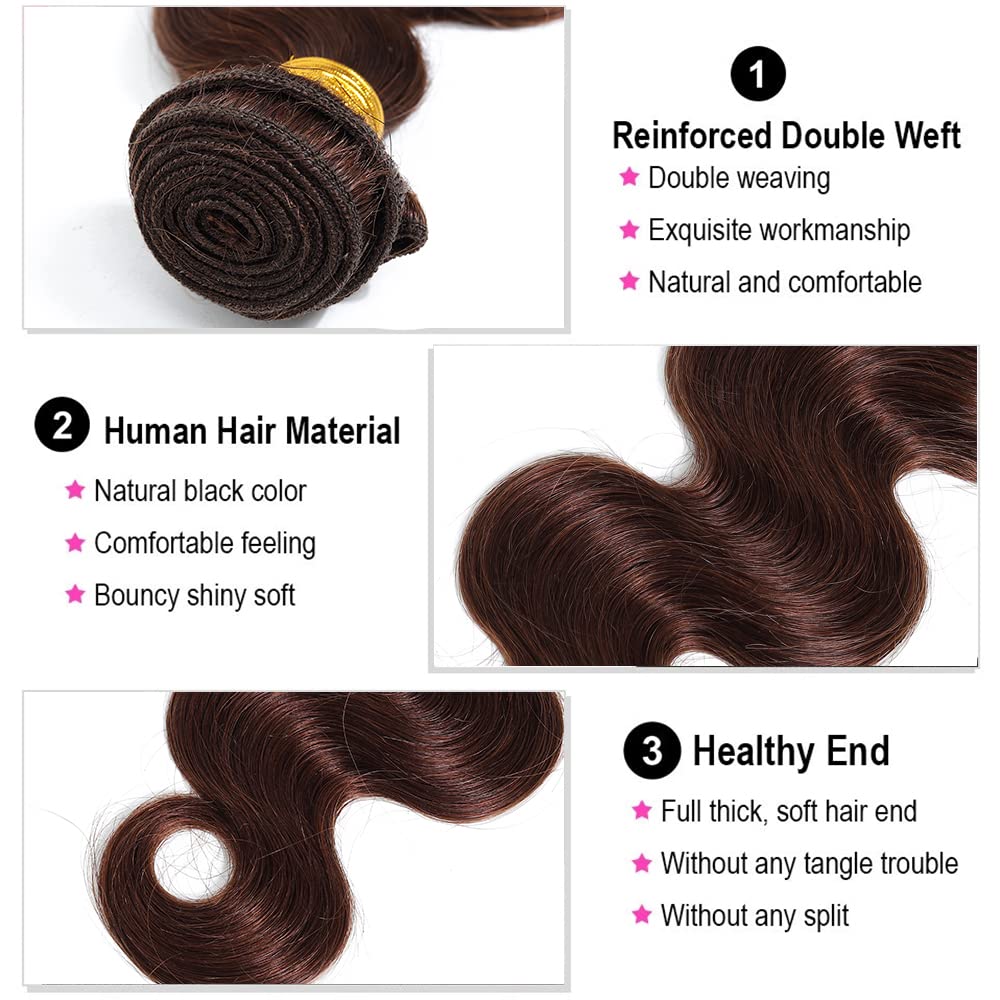 KPZ Hair Light Brown Body Wave 3 Bundles With 4x4 Lace Closure Unprocessed 100% Real Human Hair Extensions