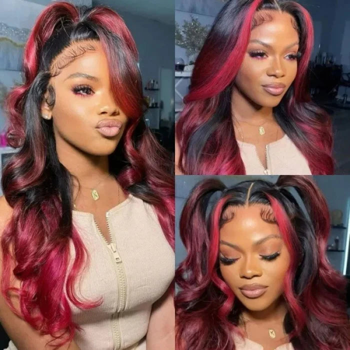 Body Wave 13x4 HD Lace Highlight Wig Ombre Dark Burgundy Human Hair Frontal Wigs With Rose Red Highlights Pre Plucked Hairline