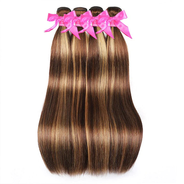 KPZ Hair Highlight Brown Straight 3 Bundles With 4x4 Lace Closure Ombre Blonde 100% Real Human Hair Extensions