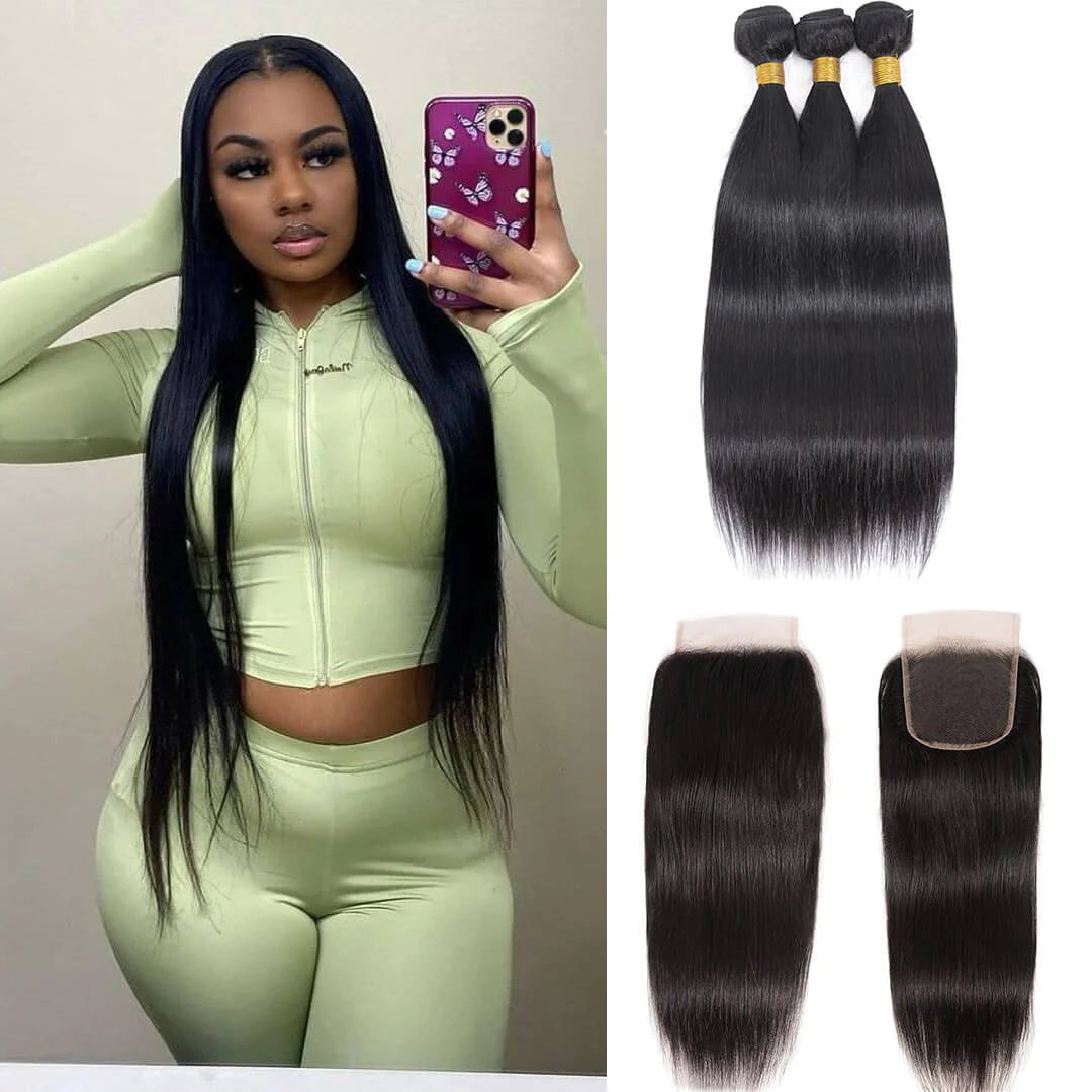 KPZHair Long Straight Hair 3 Bundles With 4x4 Lace Closure 100% Virgin Human Hair