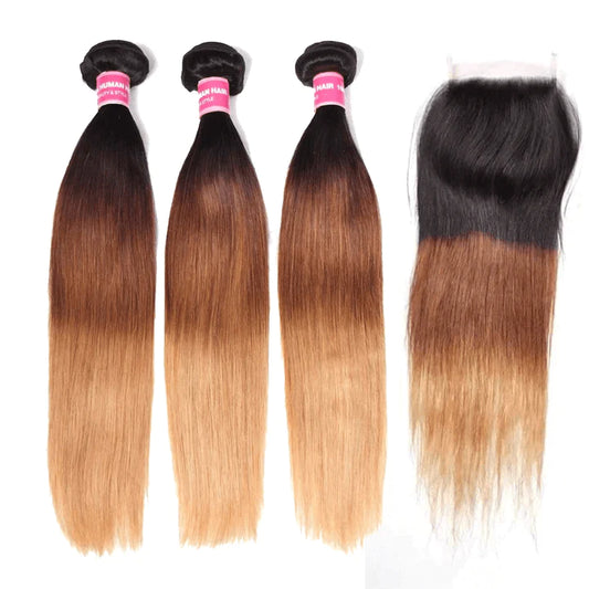 KPZ Hair Ombre Blonde Straight Human Hair 3 Bundles With 4x4 Lace Closure 100% Human Hair Extension Weaves