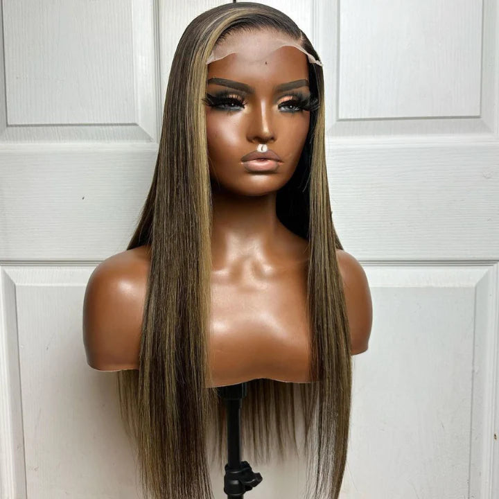 Put On&Go Light Brown With Blonde Straight Glueless 5x5 HD Lace Wig With bangs Highlight Colored Easy to Wear Human Hair Wigs