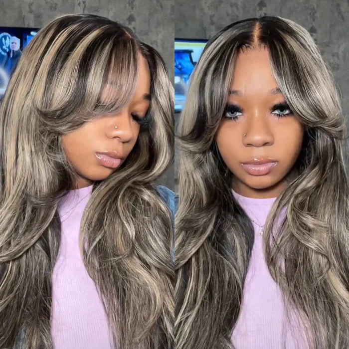 Curtain Bangs Highlight Honey Blonde Lace Wig Body Wave Glueless Wigs Human Hair 180% Density