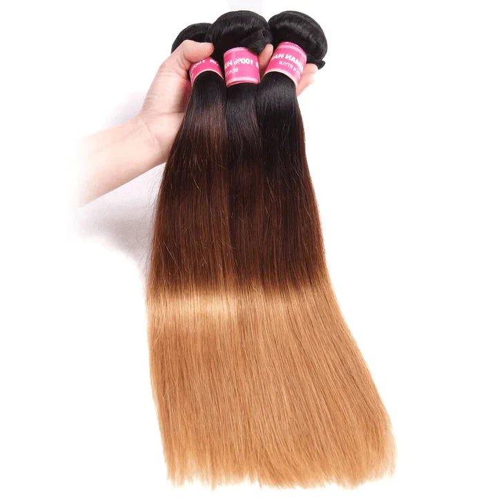 KPZ Hair Ombre Blonde Straight Human Hair 3 Bundles With 4x4 Lace Closure 100% Human Hair Extension Weaves