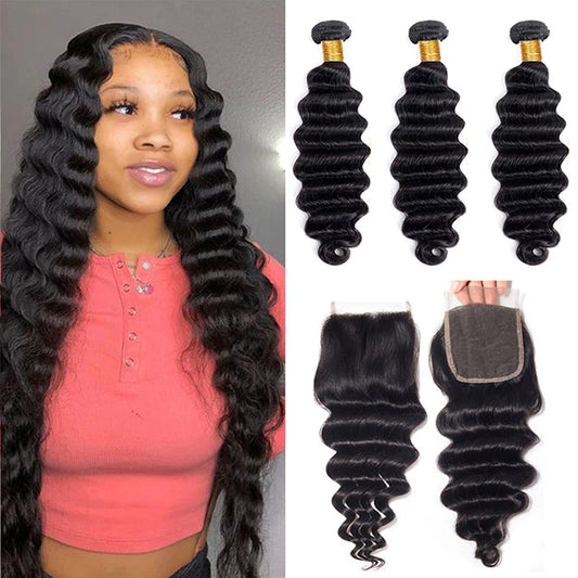 KPZ Hair Loose Deep Wave 3 Bundles With 4x4 Lace Closure 100% Virgin Human Hair