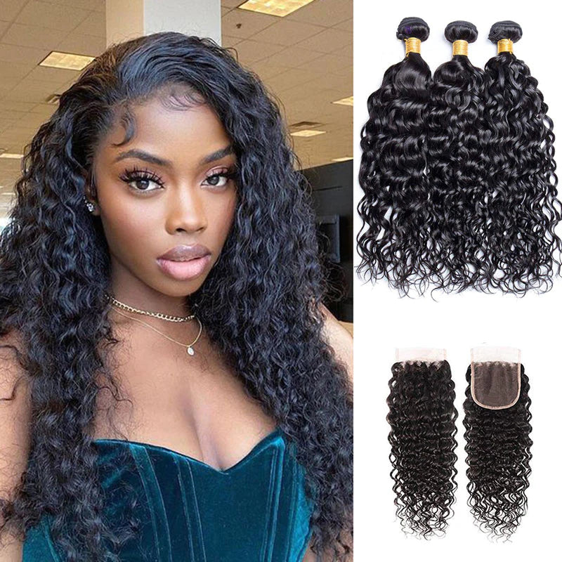 KPZHair Water Wave Hair 3 Bundles with 4x4 Lace Closure 100% Virgin Human Hair on Sale