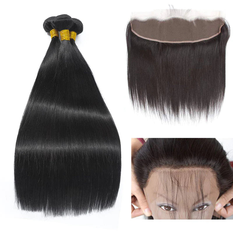 KPZ Hair 3 Bundles Brazilian Straight Hair with 13x4 Ear to Ear Lace Frontal