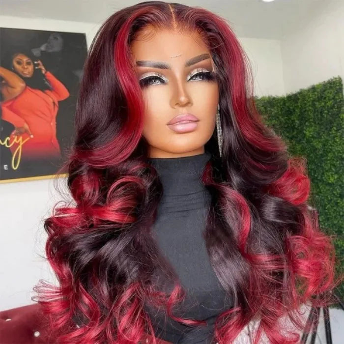 Body Wave 13x4 HD Lace Highlight Wig Ombre Dark Burgundy Human Hair Frontal Wigs With Rose Red Highlights Pre Plucked Hairline