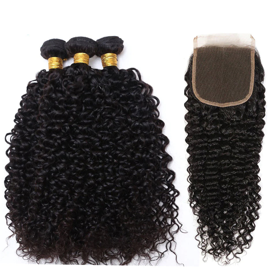 KPZ Hair Kinky Curly Hair 3 Bundles with 4x4 Lace Closure 100% Remi Human Hair Soft Shiny Wave Hair