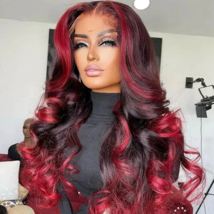 Body Wave 13x4 HD Lace Highlight Wig Ombre Dark Burgundy Human Hair Frontal Wigs With Rose Red Highlights Pre Plucked Hairline